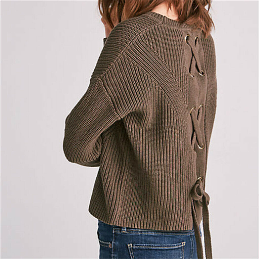 Womens Lace up Back Long Sleeve Crew Neck Knitted Sweater Loose Pullover L