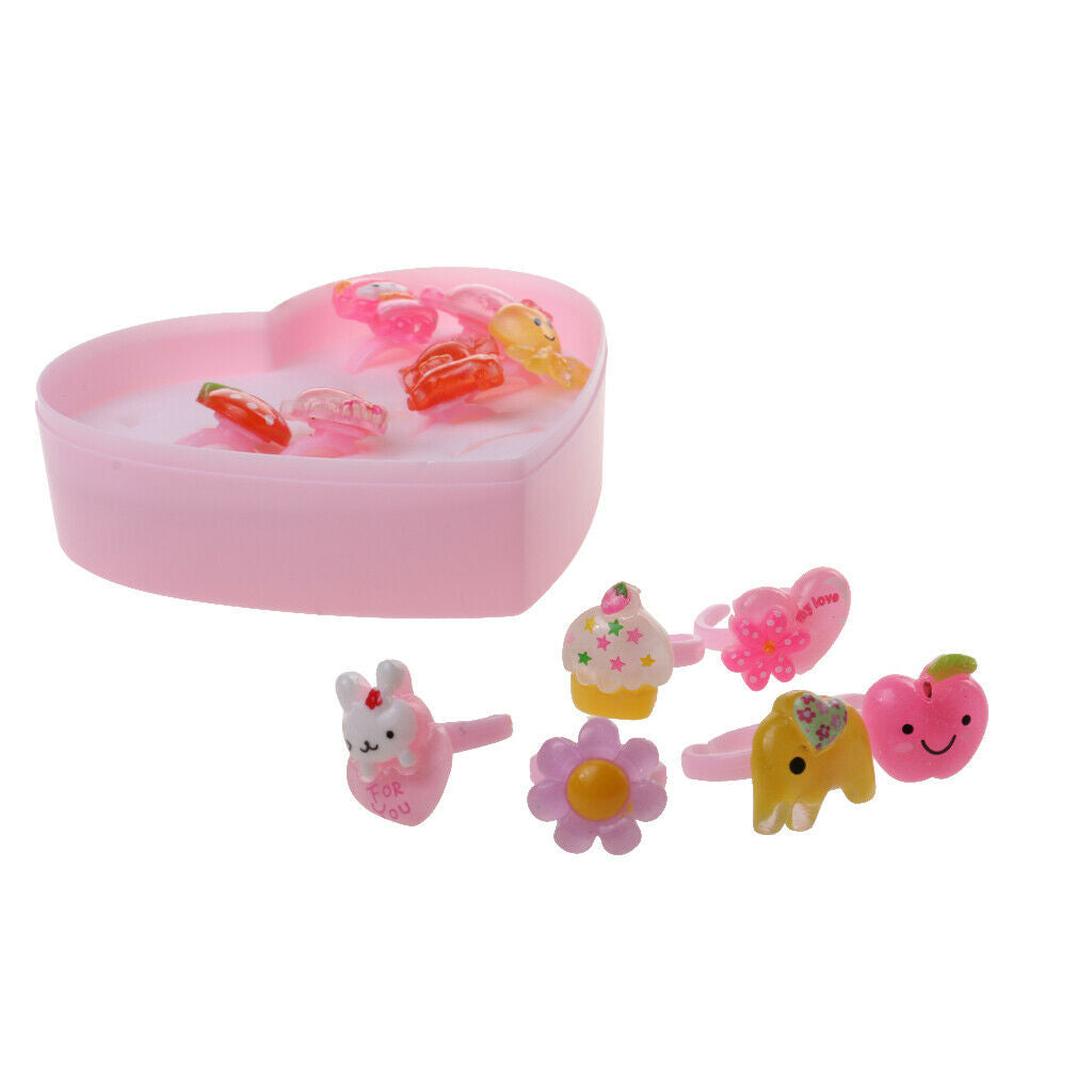 2x Kids Pink Plastic Rings with Heart Gift Box Girls Jewelry Set Xmas Gift 12pcs
