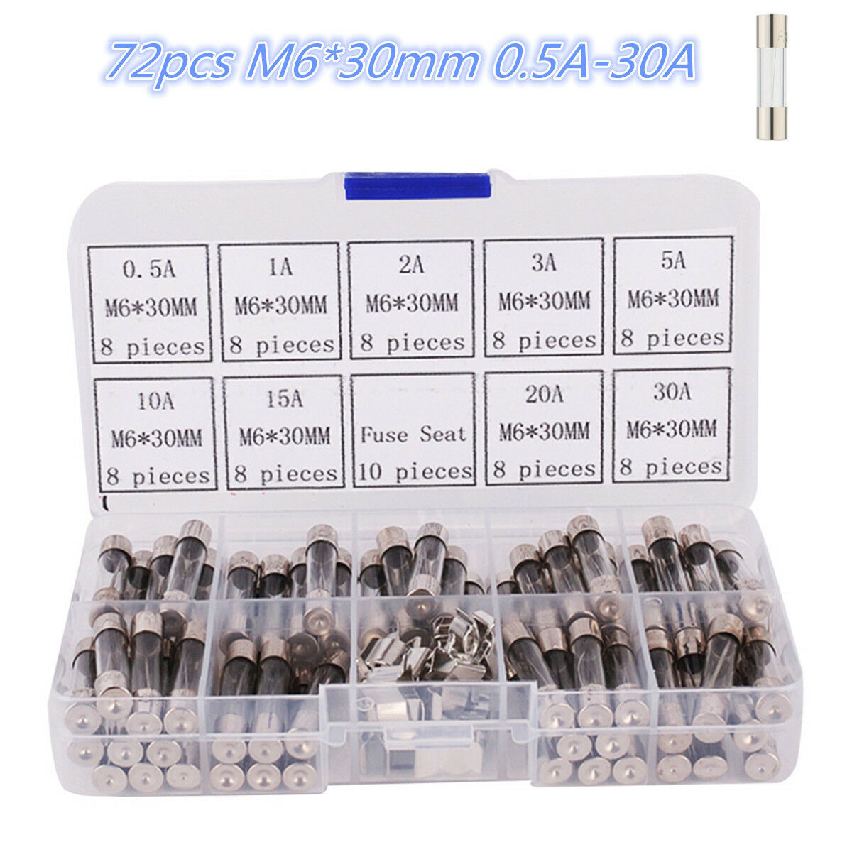 72pcs M6*30mm Car Electrical Assorted Kit Glass Tube Fuse with 10pcs Fuse Holder