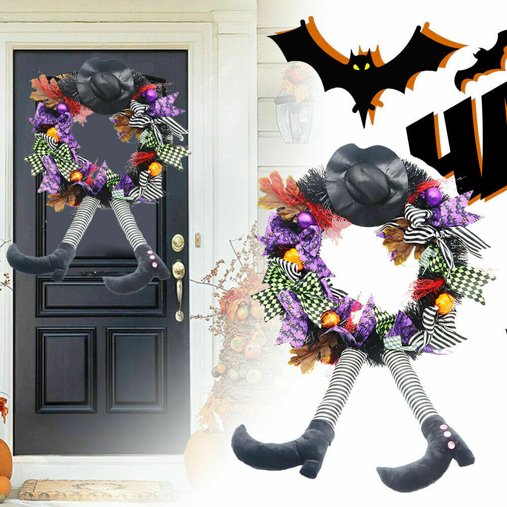 24 Inch Witch Halloween Wreath with Hat Legs Pumpkin Wreath Door Wall Decor