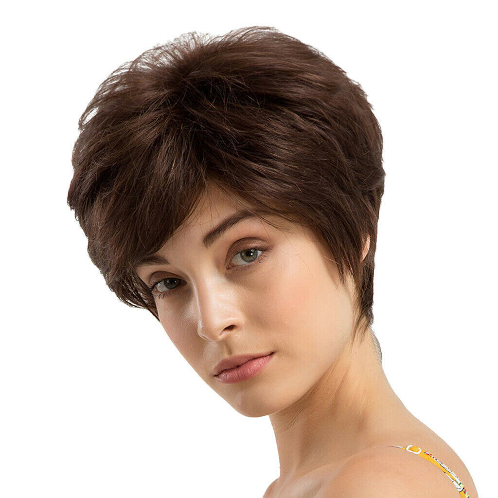 Women Girls Chic Brown Straight Side Bangs Wig, Synthetic Human Hair(24cm),