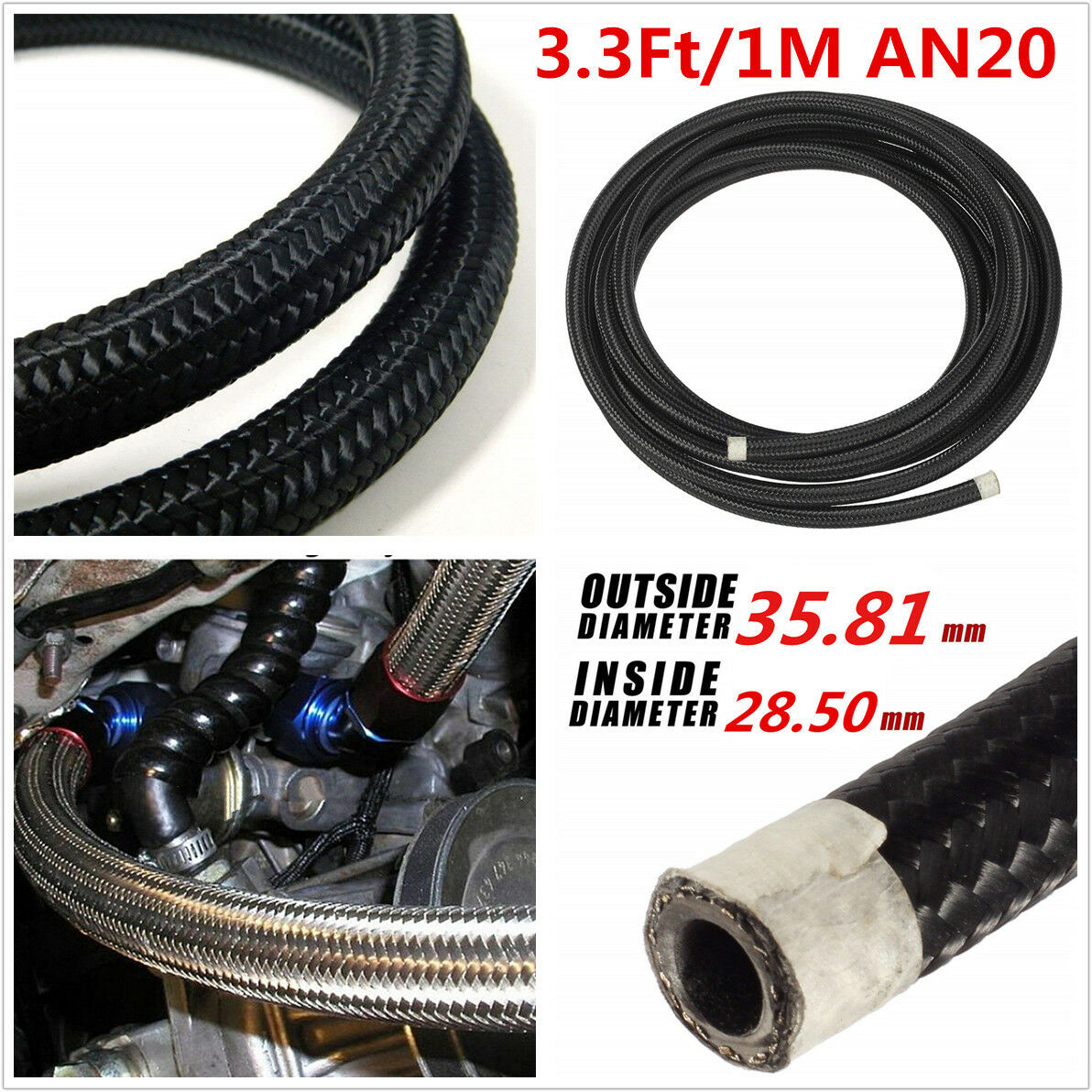3.3Ft AN20 Car Engine Fuel Oil Line Gas Radiator Nylon Steel Braided Hose Pipe