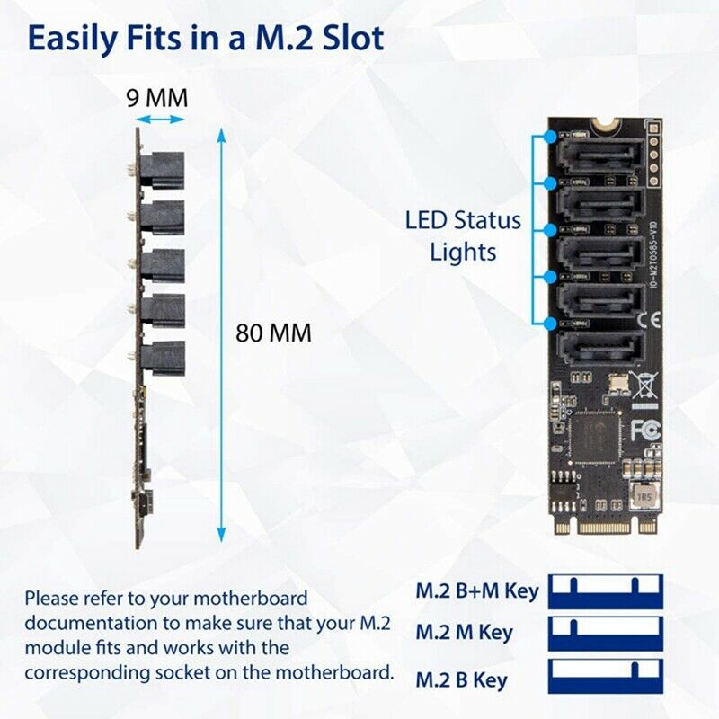 M2 to SATA3 Expansion Card,M.2 NVME to SATA3.0,SSD Adapter 5 Port,M.2(PCIe) toZ5