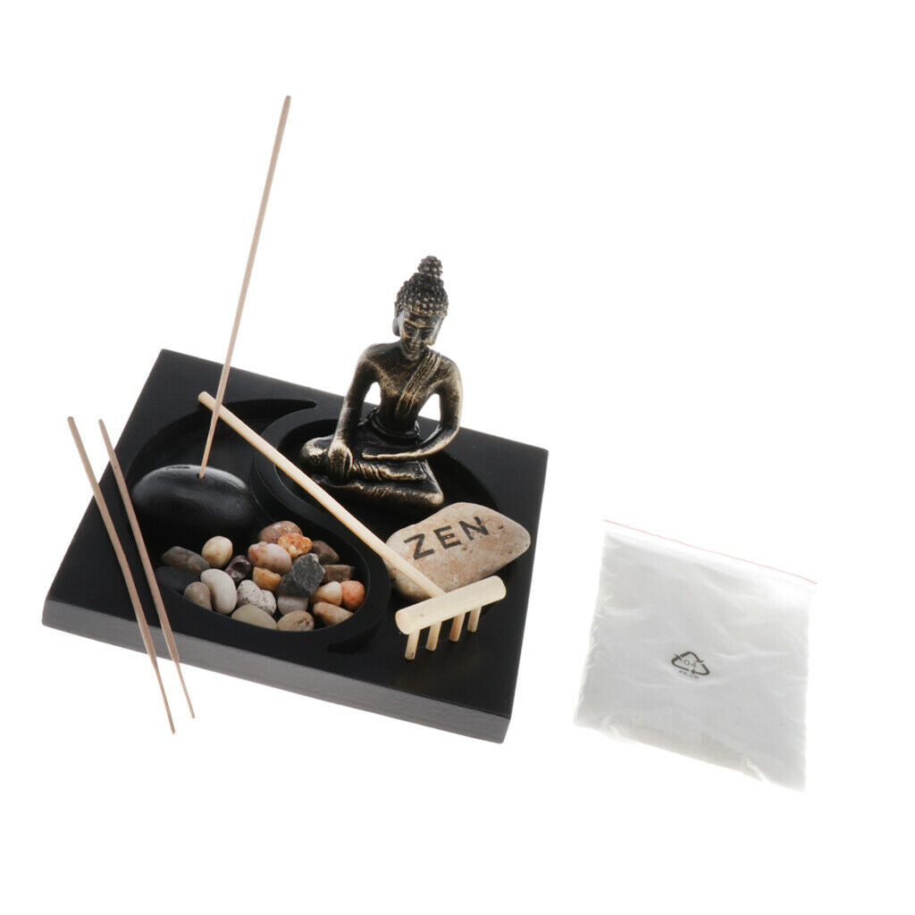 Meditation Buddha Statue Zen Garden Sand Rock Rake Incense Burner Scene