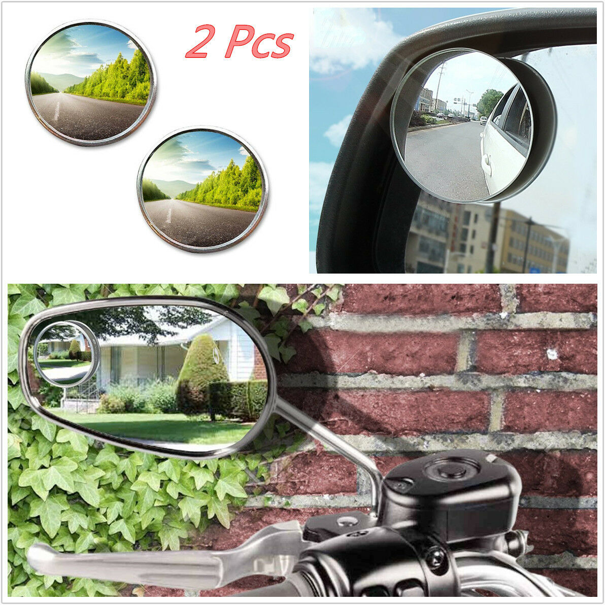 2" Round Stick On Rear-view Blind Spot Convex Wide Angle Mirrors Motorcycle ATV
