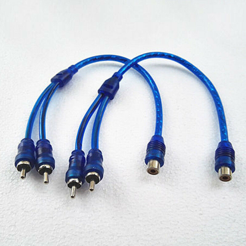 2Pcs 12" RCA Audio Cable "Y" Adapter Splitter 1 Female To 2 Males Plug Cord Blue