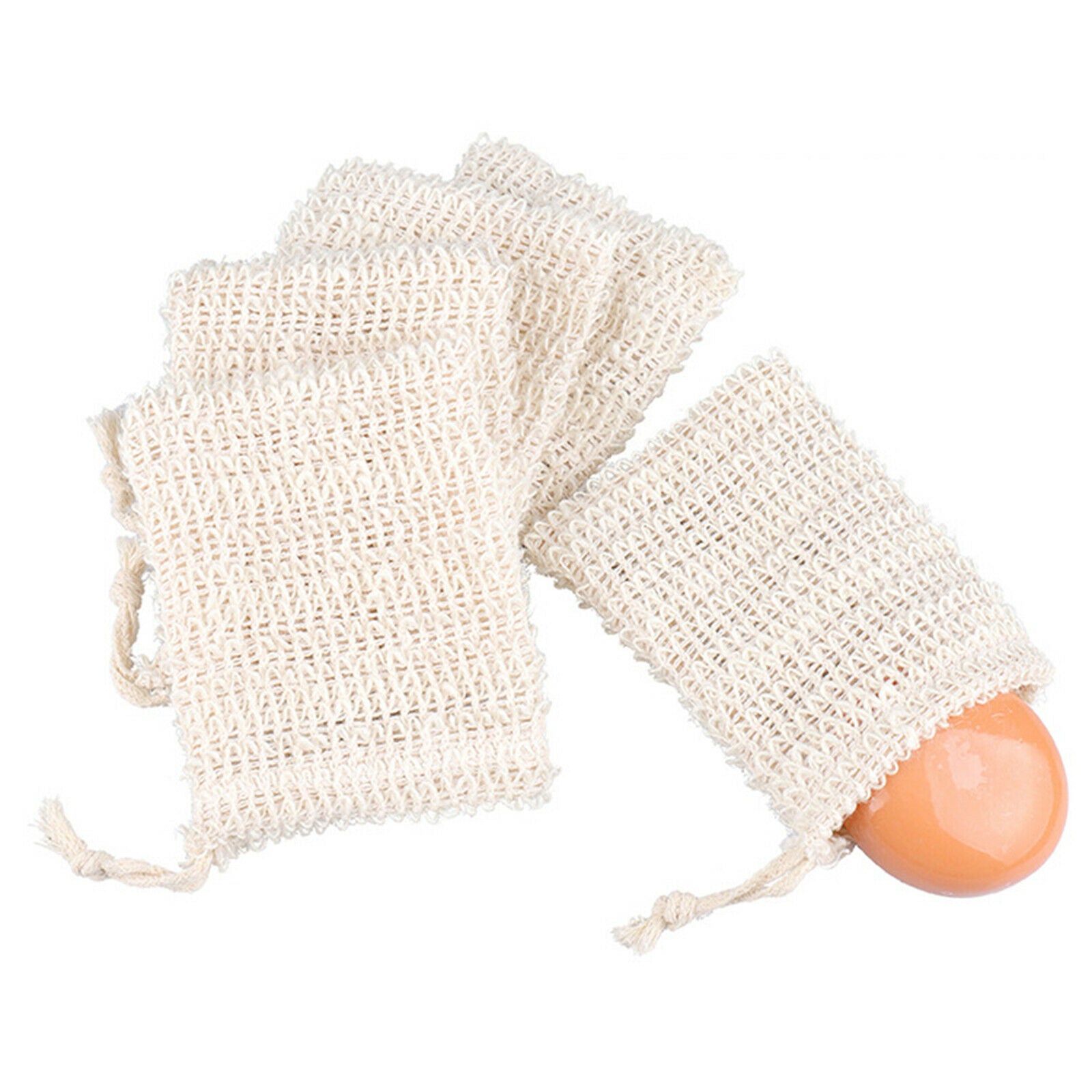 5x Natural Ramie Soap Holder Bag with Drawstring Hand Made for Bath & Shower