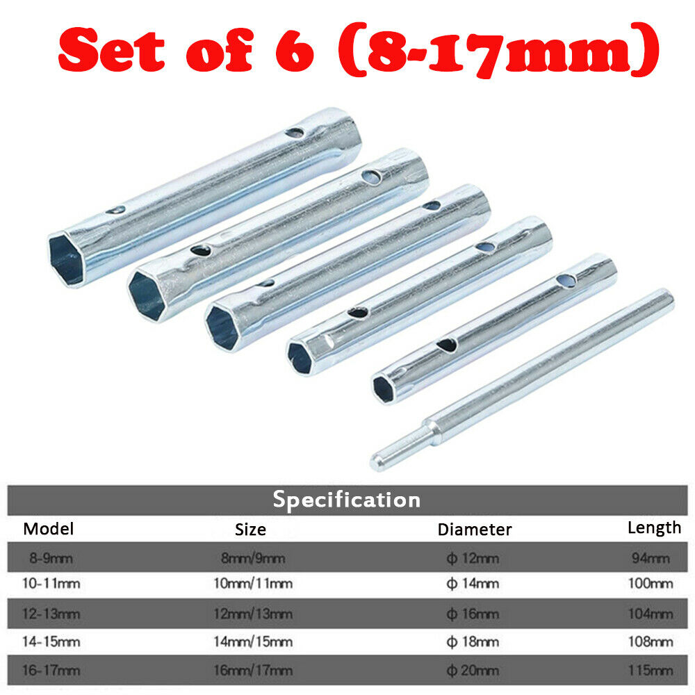 6PC TUBULAR BOX WRENCH SET 8MM TO 17MM TUBE SPANNERS DEEP METRIC SOCKET PLUMBERS