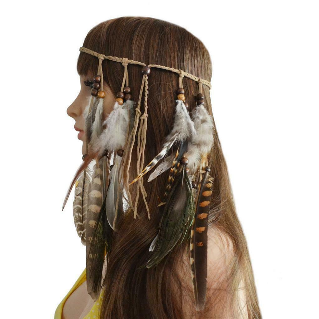 Behomian Ethnic Peacock Feather Long Tassels Headband Hair Headpiece Brown