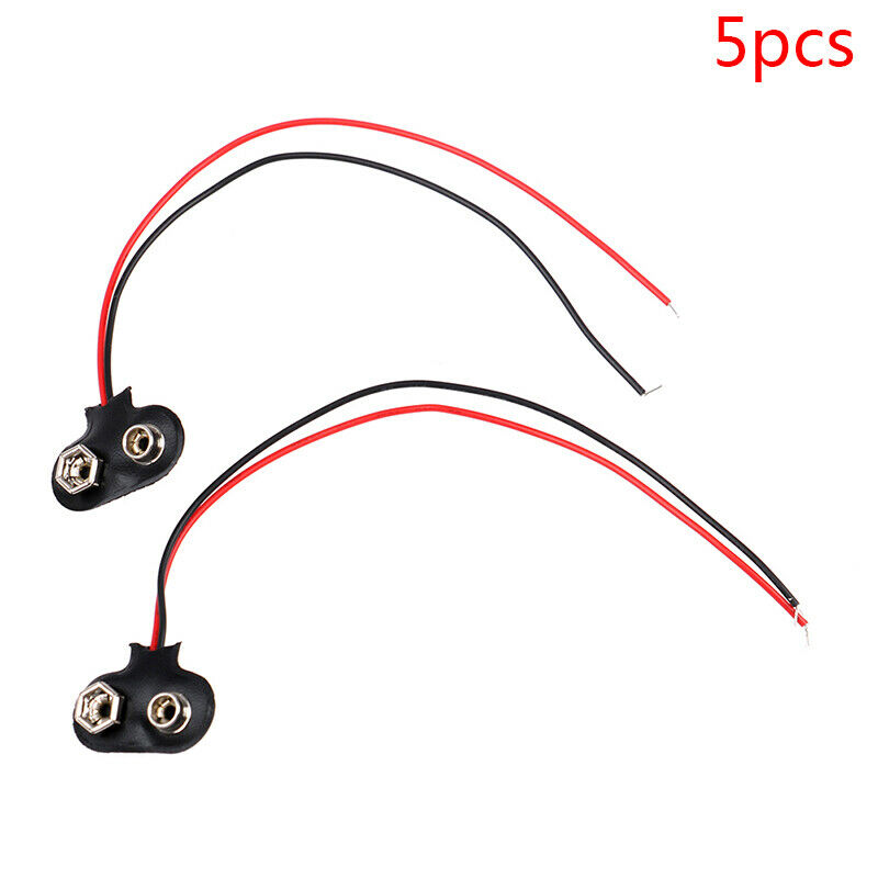 5Pcs Snap 9V (9 Volt) Battery Clip Connector T Type Black w Cab.l8