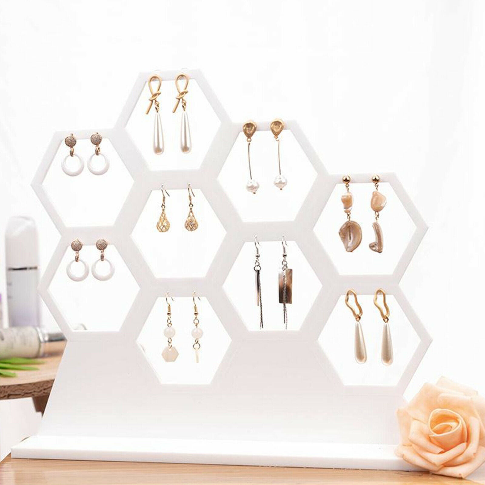 Acrylic White Hanging Earring Holder Organizer Storage Rack for 9 Earrings