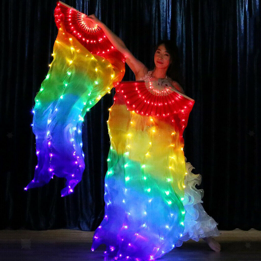 Rechargeable 100% Real Silk LED Belly Dance Fan Veils Stage Dancing Props