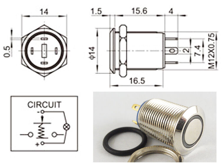 5pcs Metal Flat Top Push Button with Blue LED Ring Symbol Momentary Switch 12mm