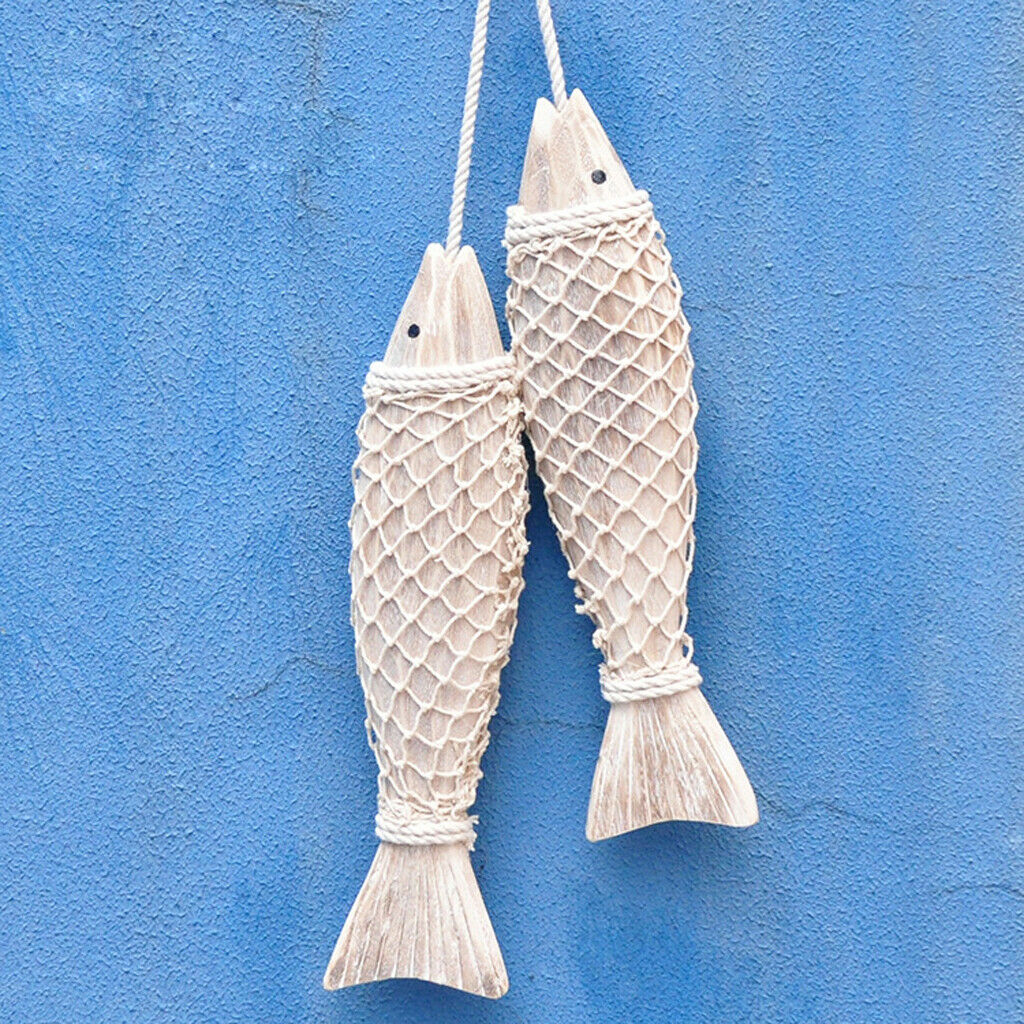 2x Coastal Hand Carved Hanging Wooden Fish Shabby Chic Bathroom Gift Decor