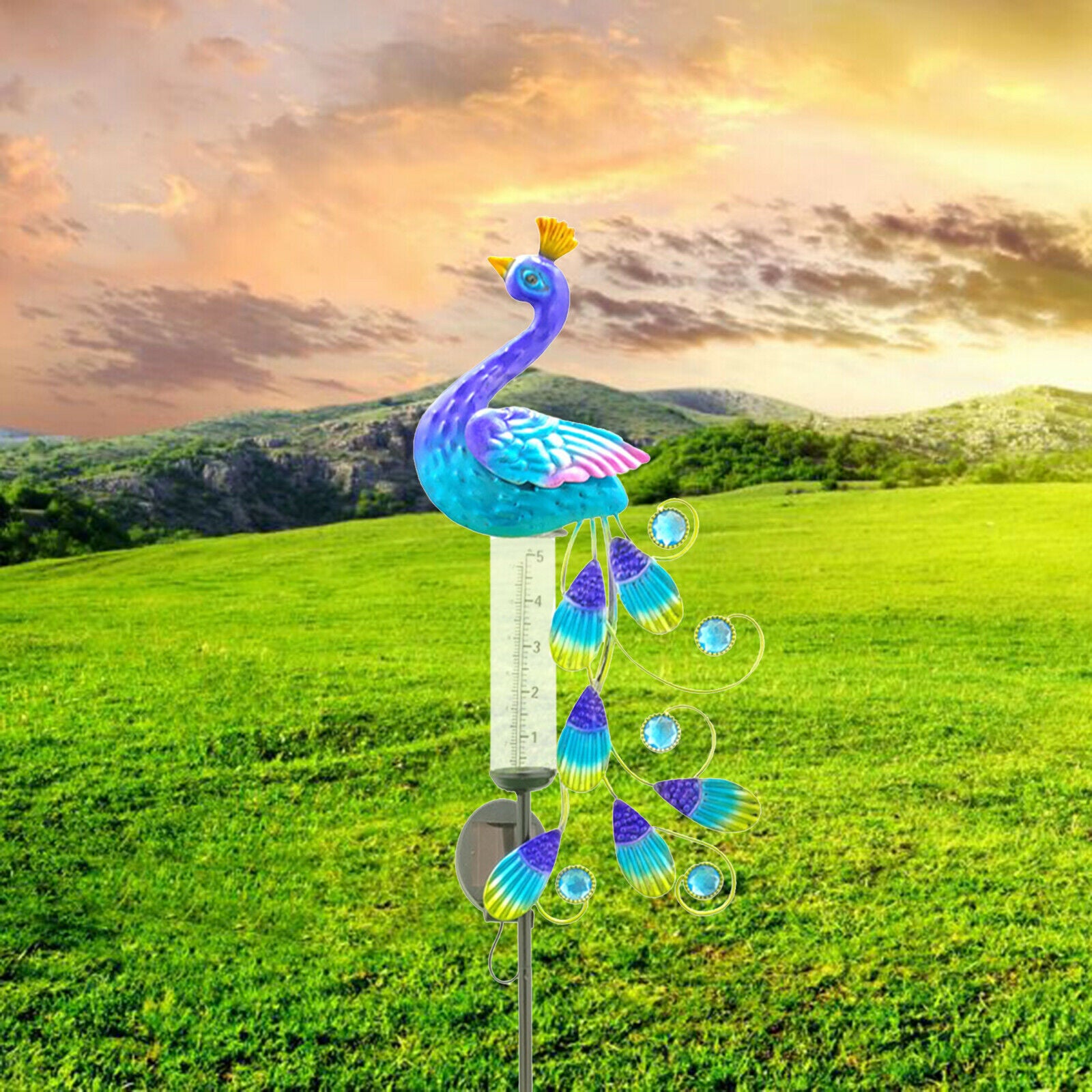 Beautiful Peacock Rain Gauge Solar LED Light Decorative Yard Garden Decor