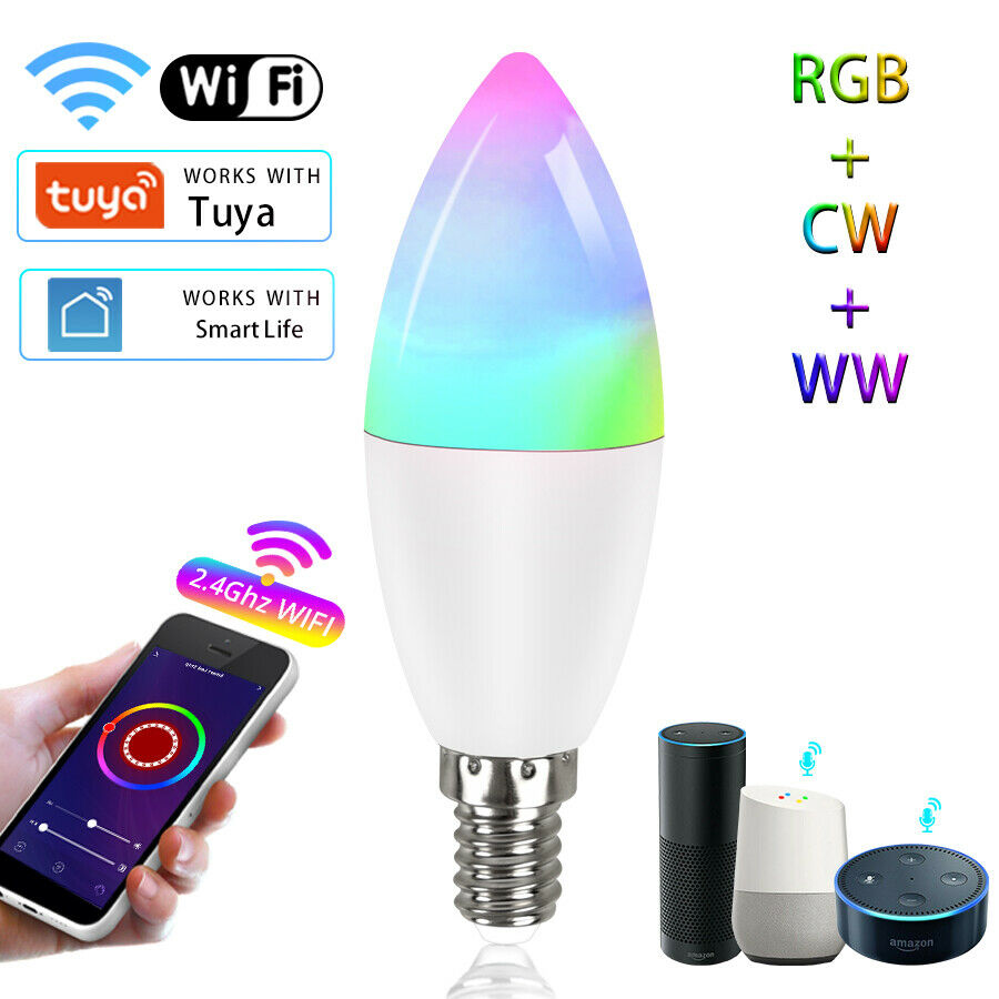 WiFi Smart LED Candle Light Bulb E14 RGB+CW+WW Dimmable Lamp Tuya Smart Life 5W