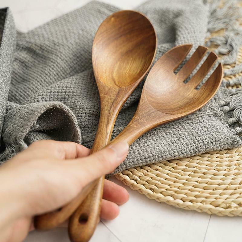 2Pcs Wooden Salad Servers Spoon Fork Set Long Handle Cooking Untensil Cutlery