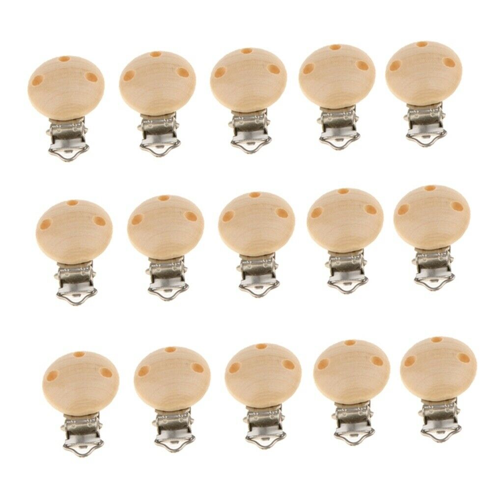 15pcs Baby Infant Wooden Pacifier Clips Beech Clips Chewable Round Natural