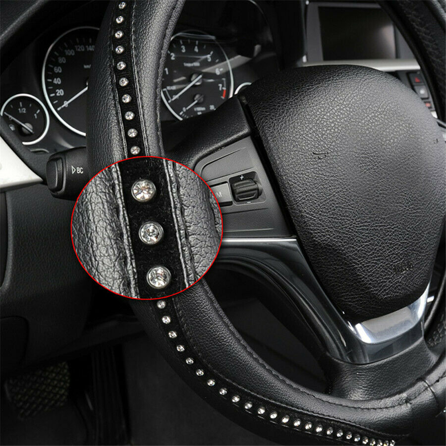 Crystal Drill & PU Leather  Auto Steering Wheel Covers Anti-Slip Black 38cm/15"