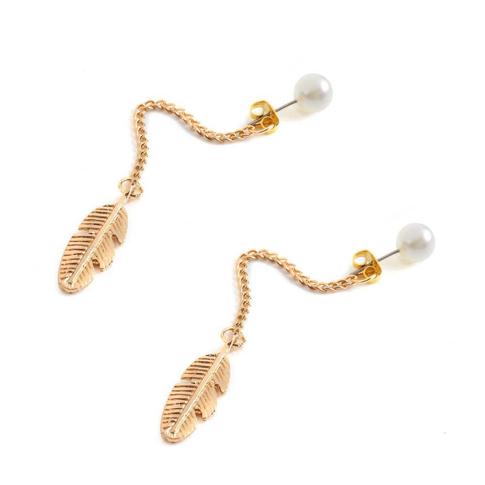 Korean Style Simulated Pearls Long Tassel Leaf Feather Dangle Earrings Jewelry