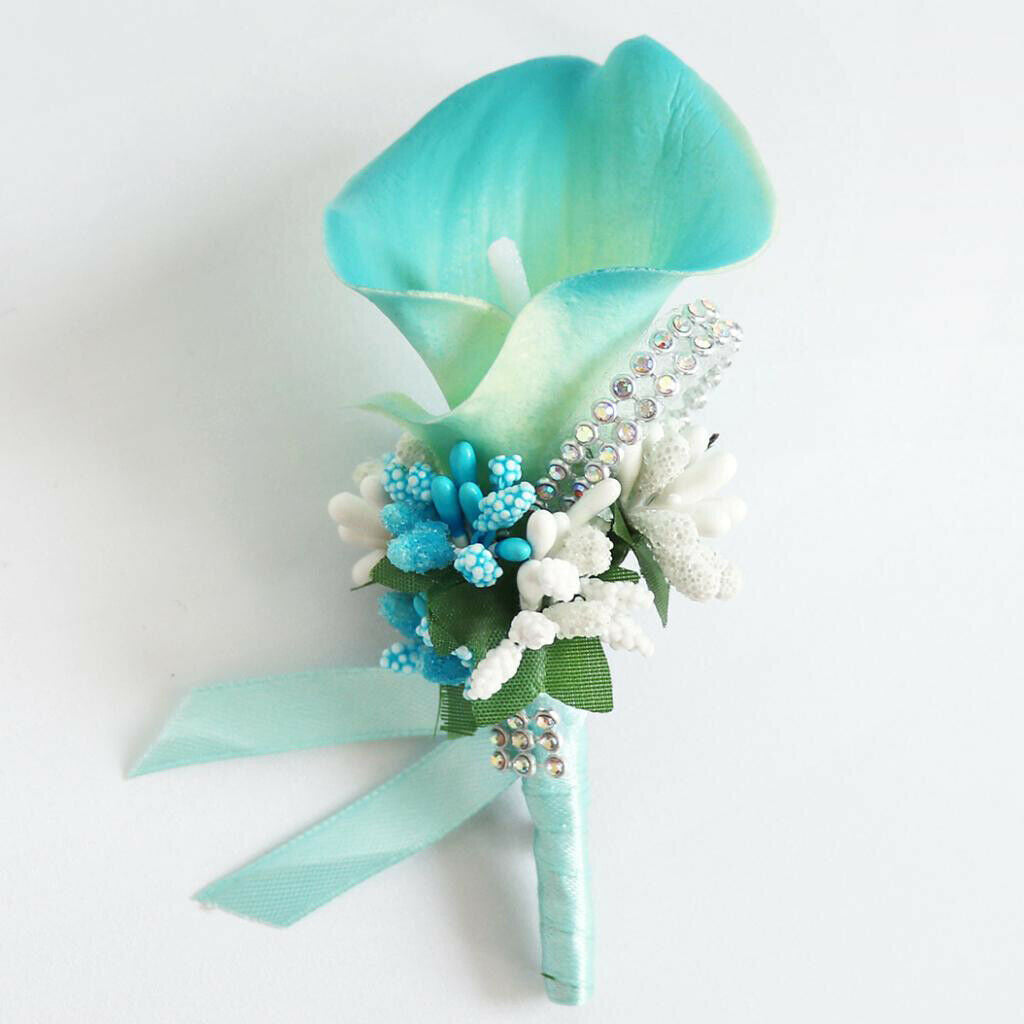 Set 2 Cute Calla Berry Rhinestone Groom Bridal Wedding Corsage Sky Blue+Red