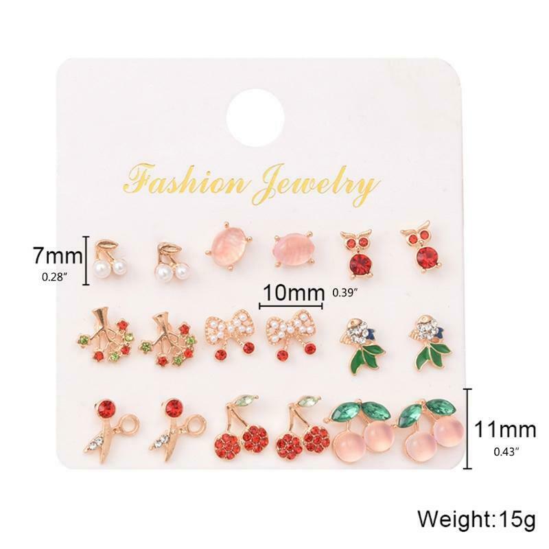 Cute Earrings Stud Alloy 18 Pcs/9 Pairs Assorted Style Scissor Cherry Shaped Ins