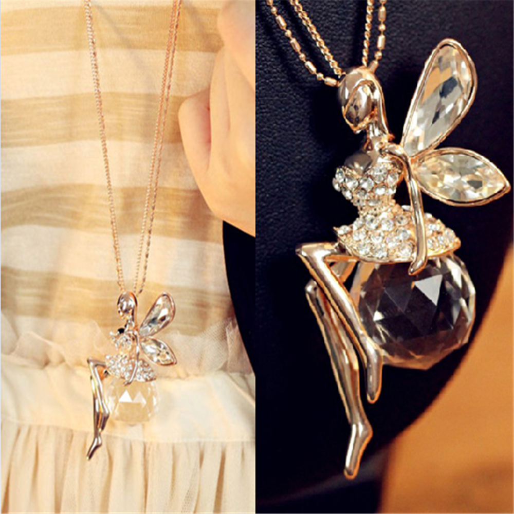 Gorgeous Women Crystal Fairy Angel Wing Pendant Long Chain Sweater Necklace Gift