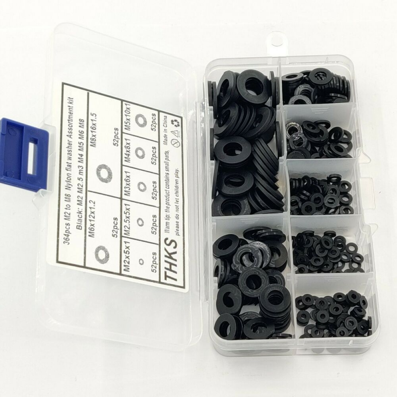 364Pcs M2 M2.5 M3 M4 M5 M6 M8 Nylon Black Rubber Flat Ring Washer Washer
