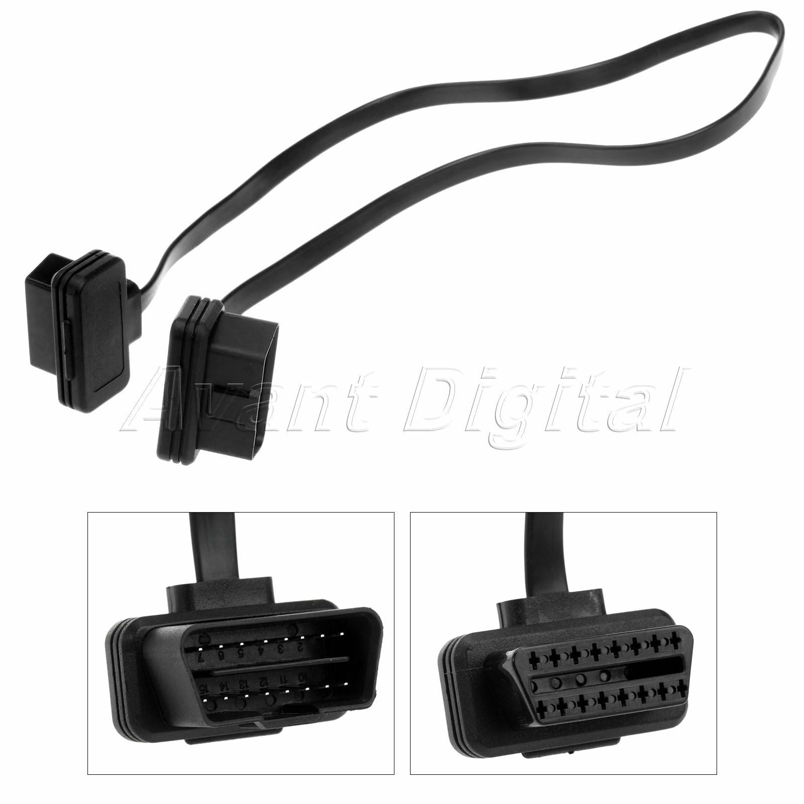 16 Pin Flat Noodle Male to Female Elbow 2FT OBD 2 Extension Diagnostic Cable