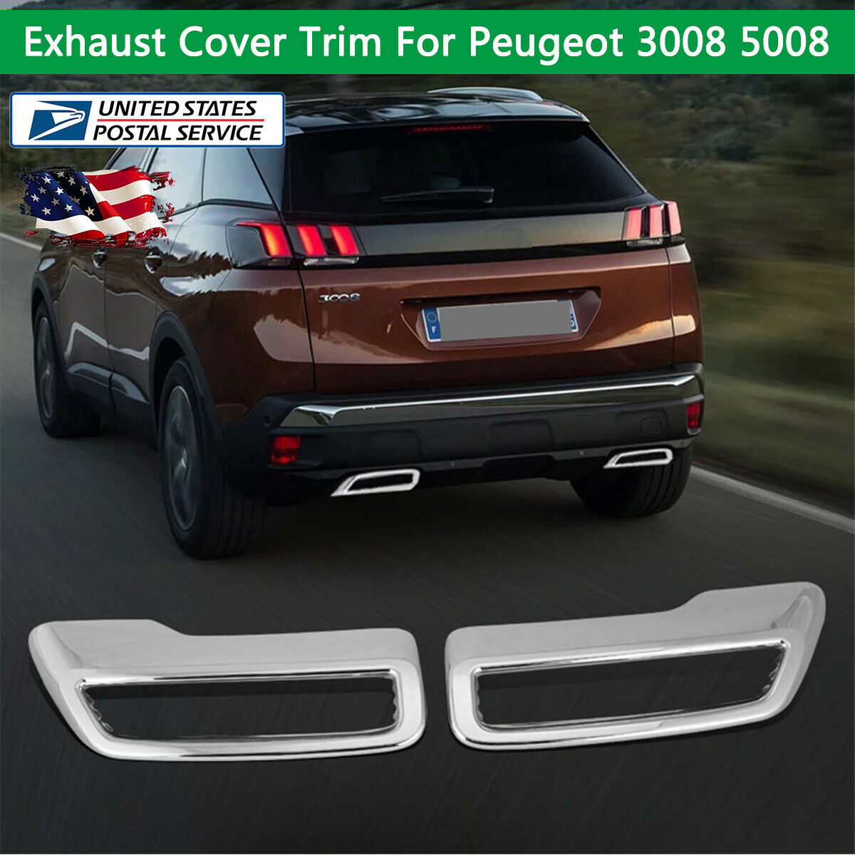 Glossy Chrome ABS Car Exhaust Pipe Cover Trim For Peugeot 3008 5008 2017- 2018