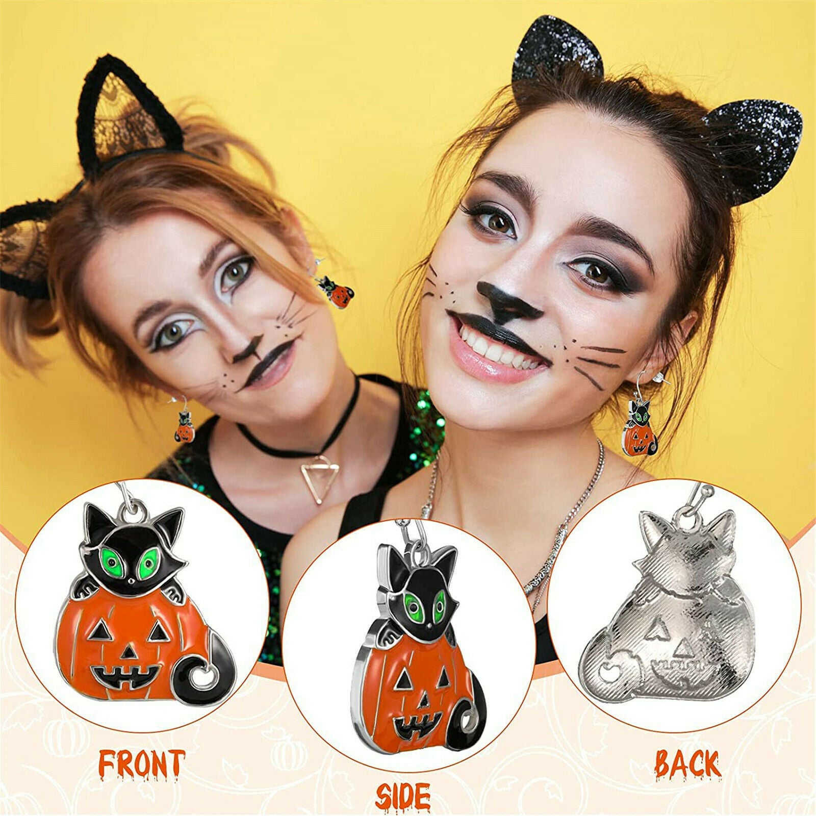 2 Pair Colorful Enamel Alloy Earrings Halloween Pumpkin Cat Pendant Ear Hooks