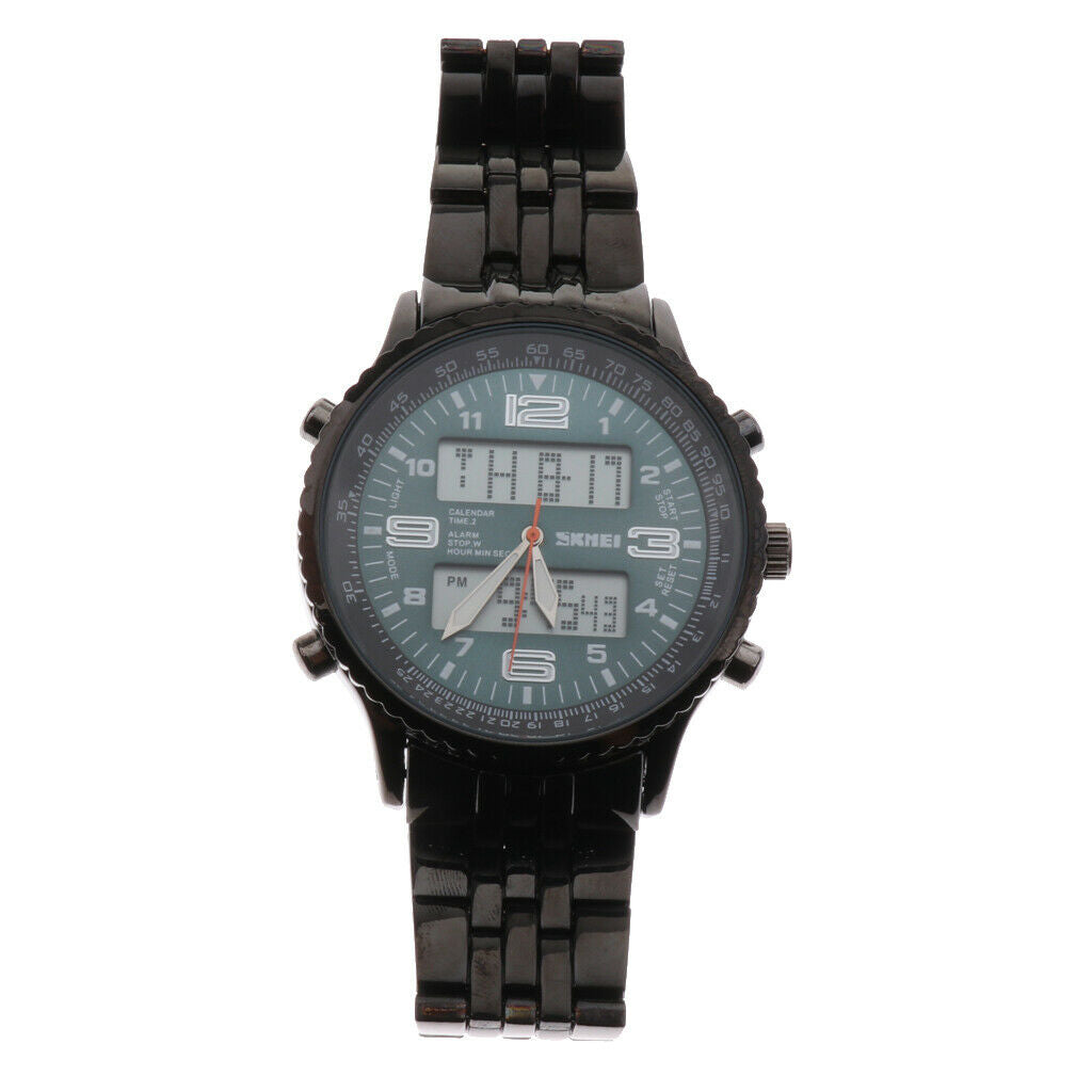 Mens Multifunctional Analog-Digital Chronograph Metal Strap Wristwatch Blue