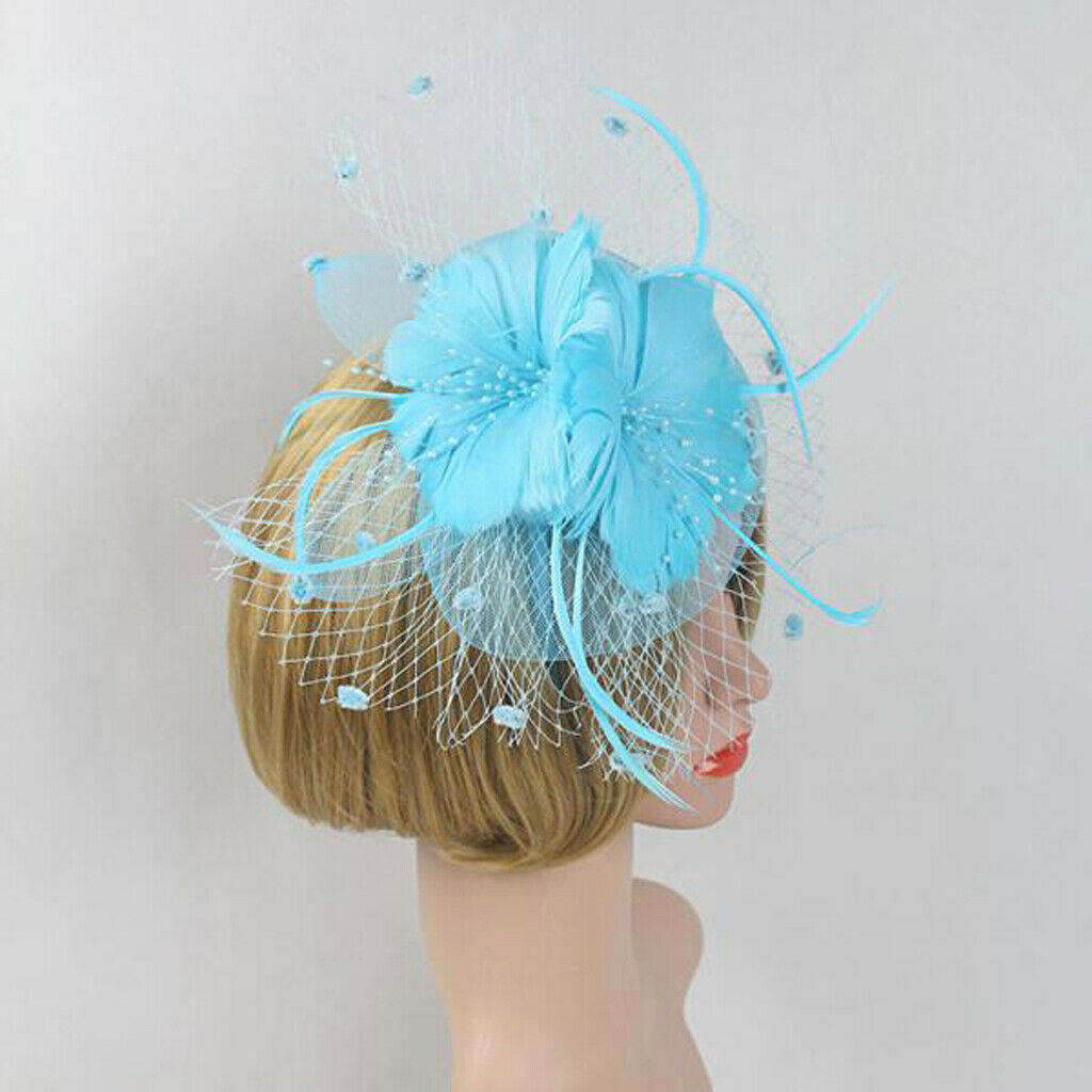 Flower Feather Net Fascinator Headband Wedding Race Ascot Ladies  Lake blue