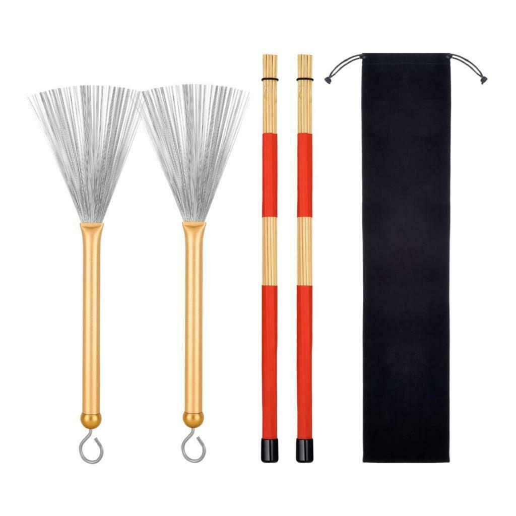 2Pairs Drum Sticks & Drum Wire Brushes & Storage Bag For Music Lover Golden