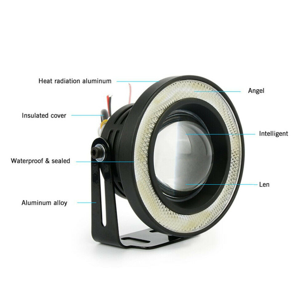 2 Pcs 3.0" High Power Car Projector LED Fog Light w/ Red COB Halo Angel Eye Ring