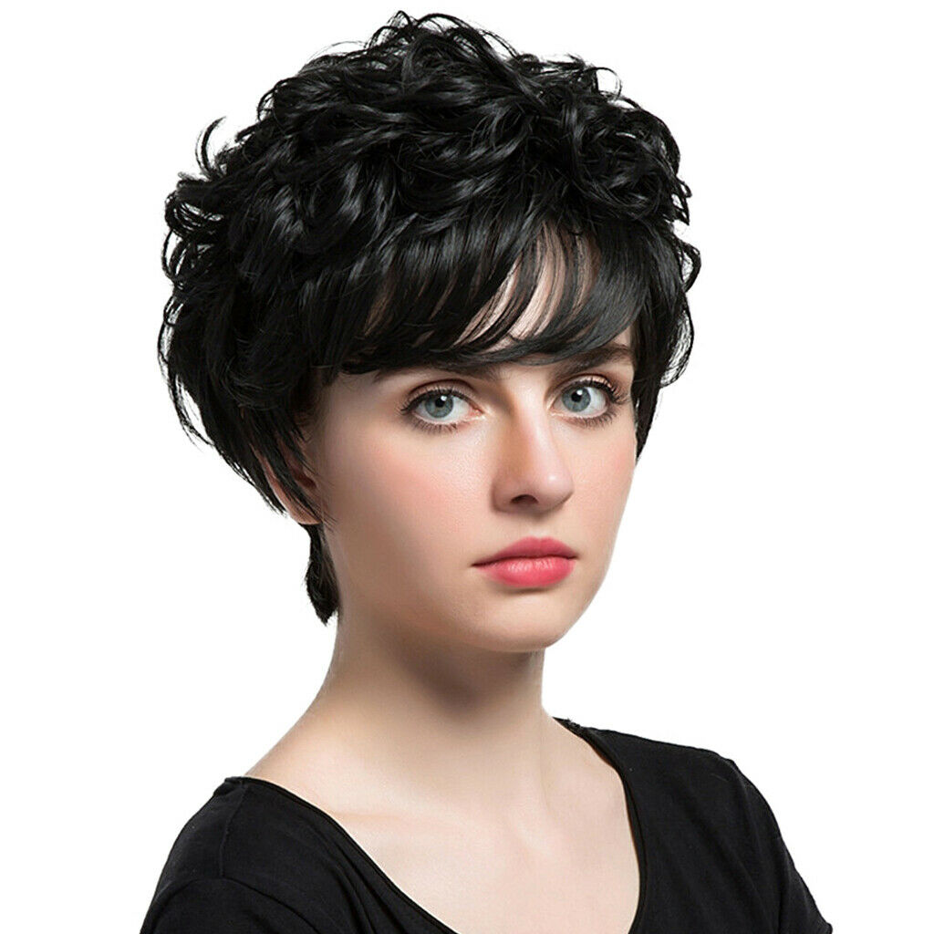 Short Curly Black Wigs Women's Curly Ends Short Fiber Wig With Layered Bangs
