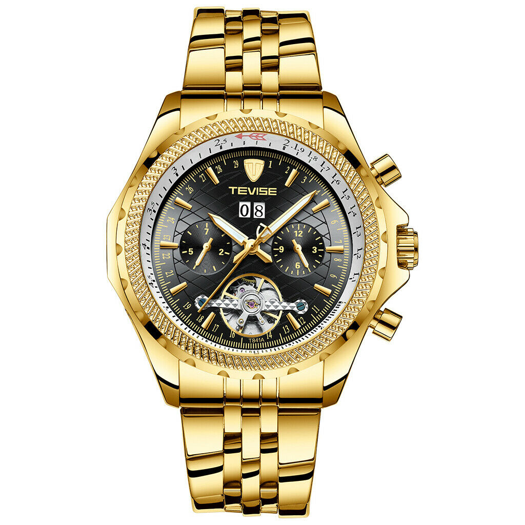 Business Watch Mechanical Automatic Wirstwatch Week Month Dial Golden - Black