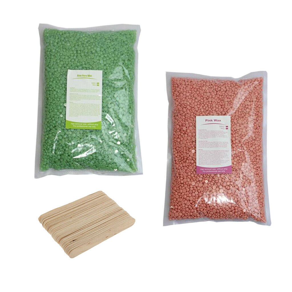 2Pcs Depilatory Hard Wax Beans Waxing Back Painless Hair Removal w/ Spatulas
