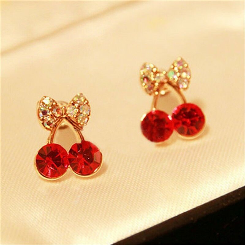 Women's Sweet Charm Crystal Cherry Bowknot Stud Earrings Rhinestone EarrinLDU Qx