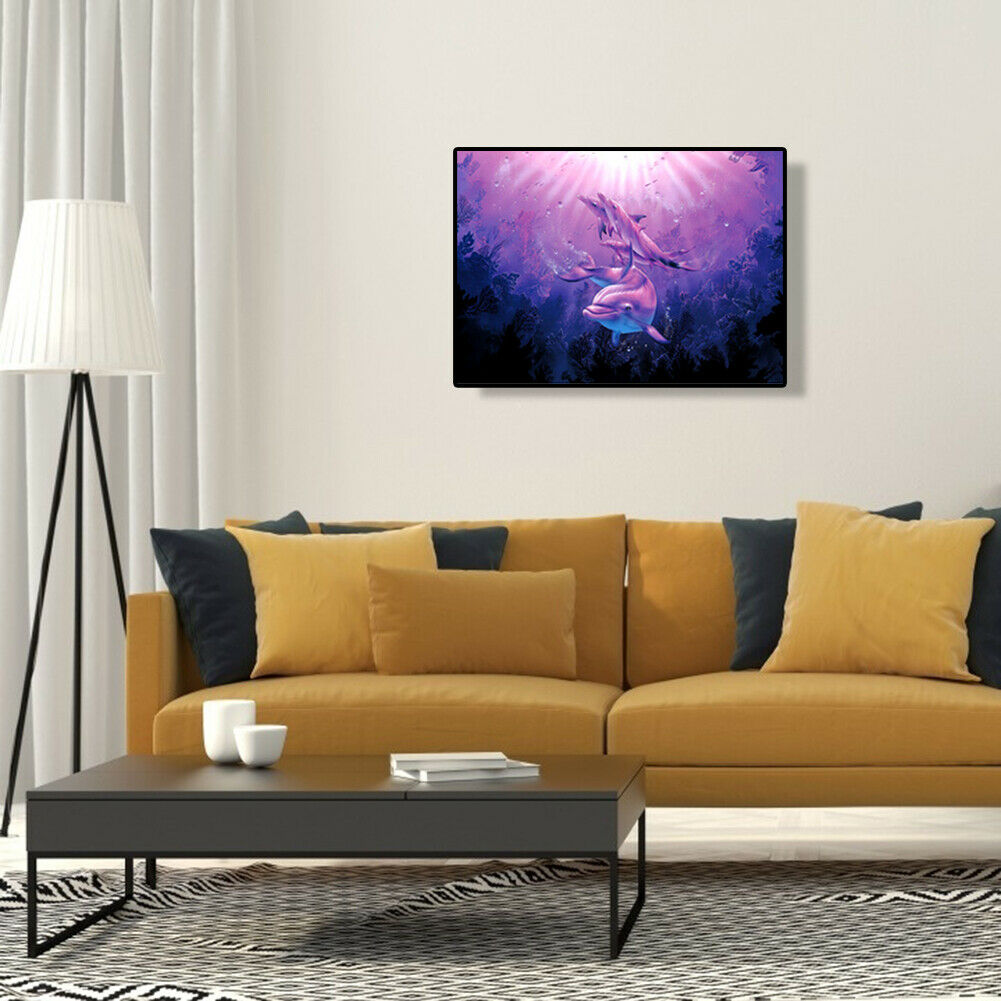 Three Purple Dolphins Diamond Painting Cross Stitch Needlework Mosaic Kit @