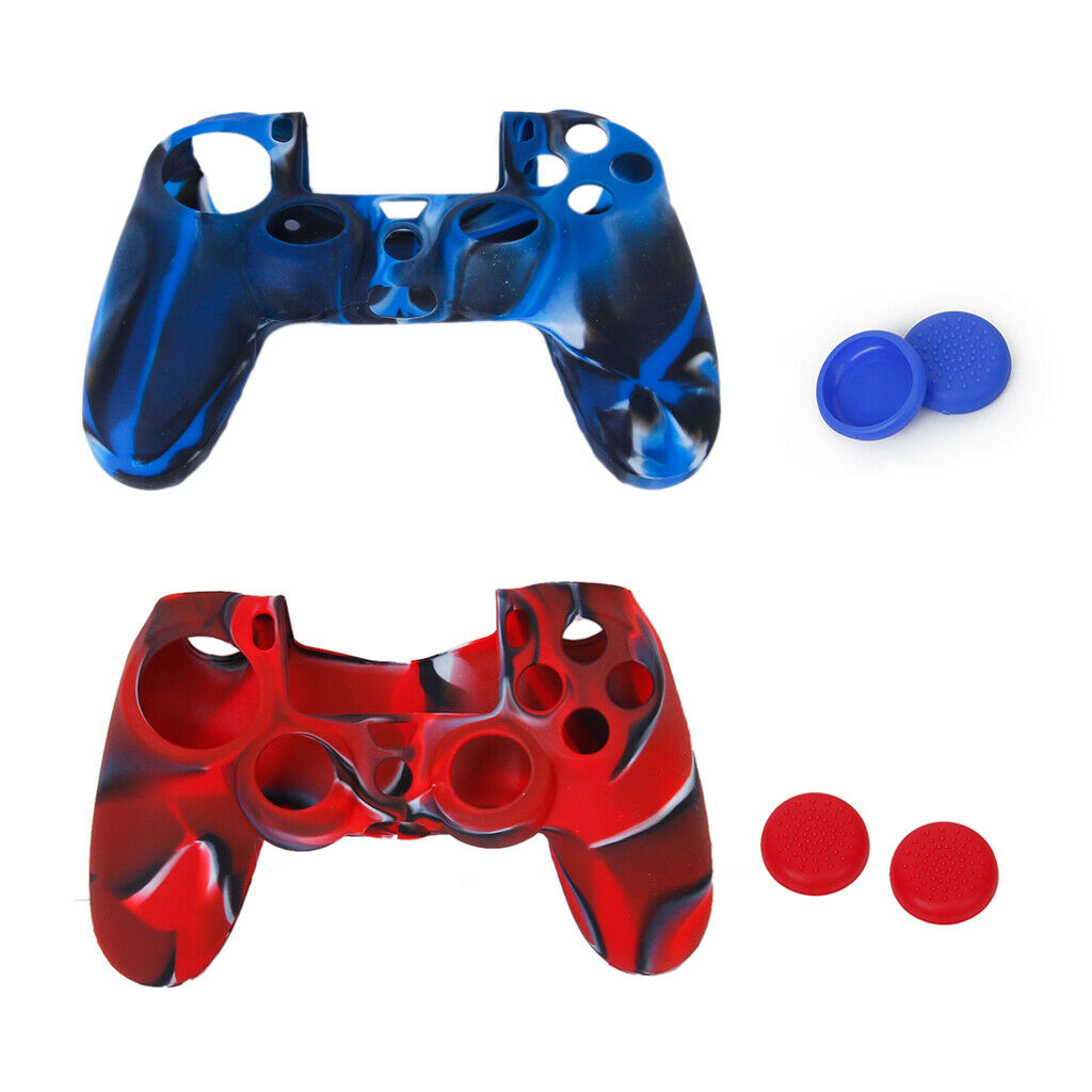 2 Silicone Skin Case Cover + 4 Joystick Thumbstick Caps Set for PS4 Controller