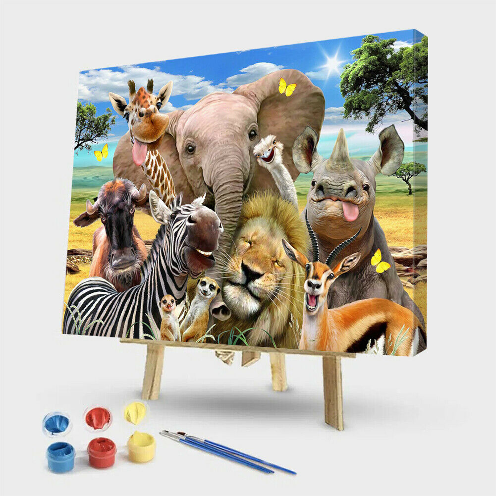 Painting By Numbers Kit DIY Happy Animals Canvas Oil Art Picture Home Decor @