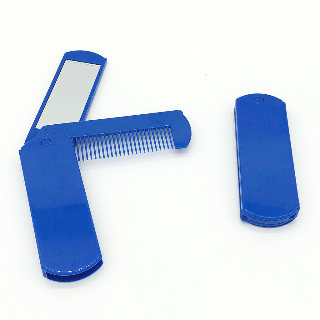 Foldable Travel Beard Comb Mustache Shaving w/Makeup Mirror for Pockets Blue