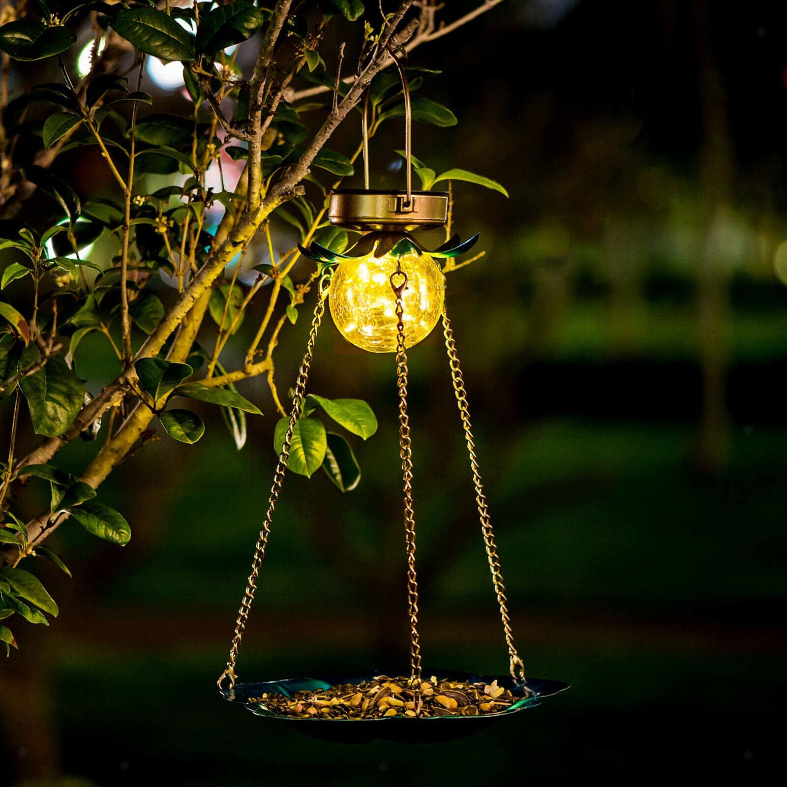 Bird Feeder Outdoor Garden Decor Ornament with Blue Sunflower Yellow Light