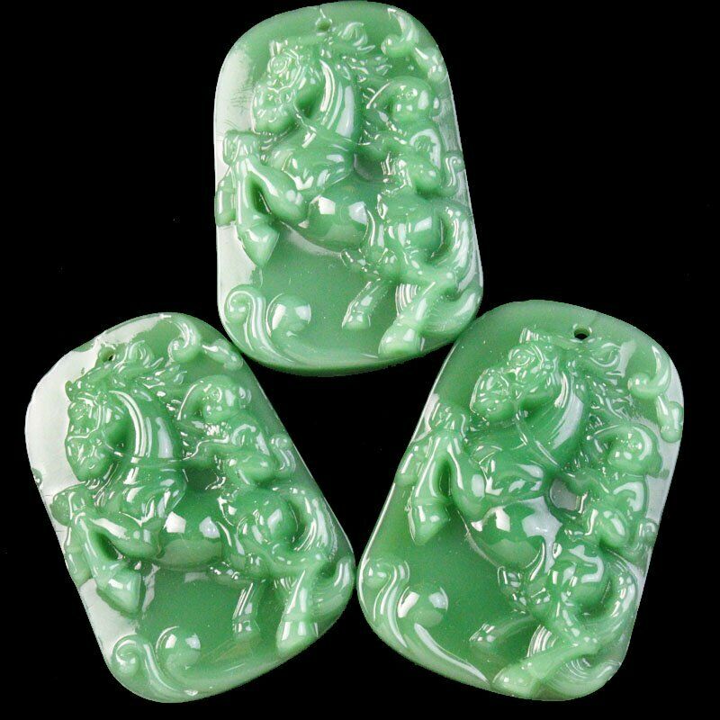 2Pcs 48x32x9mm Carved Green Jade Horse Pendant Bead 34g A-34JY