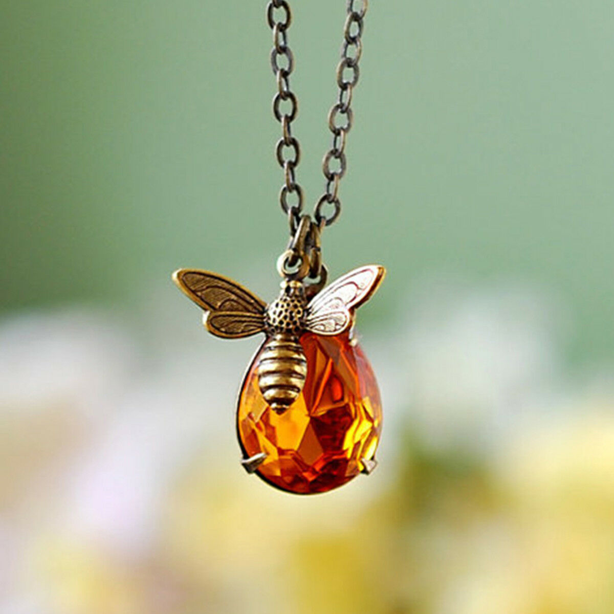 Sweet Bee And Honey Drop Necklace Brass Chain Bee Crystal Pendant Necklace Gift