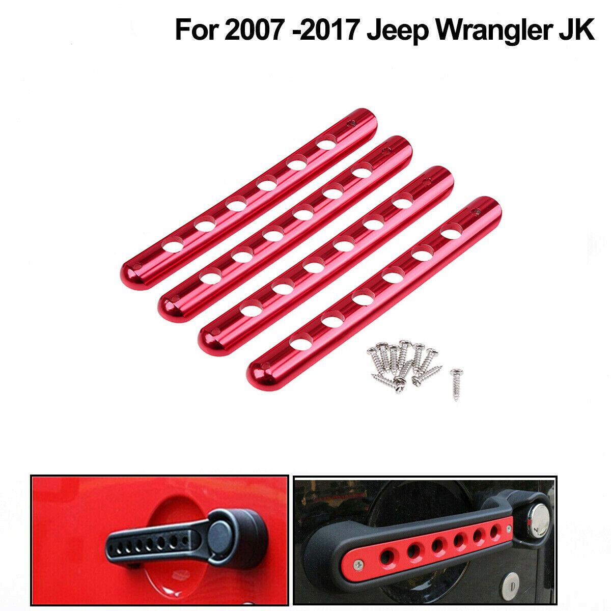 4PC Red Door Grab Handle Inserts Cover Trims Bar For Jeep Wrangler JK 2007-2017