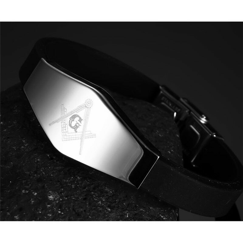 Stainless Steel Black Silicone Masonic Charm Bangle Bracelet Wristband For.l8