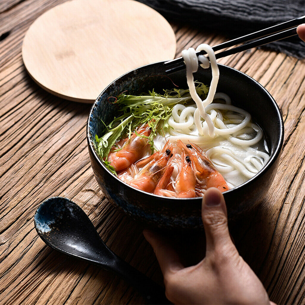 2X Ceramic Japanese Ramen Bowl Large Porcelain Bowl with Lid and Spoon Ramen