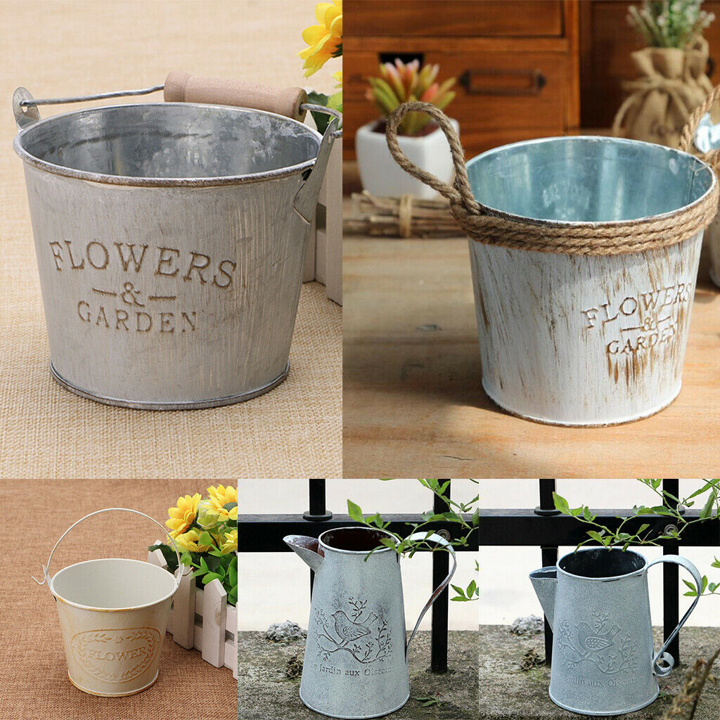 2Pieces Shabby Galvanised Metal Iron Flower Plants Bucket Flower Vase Pot